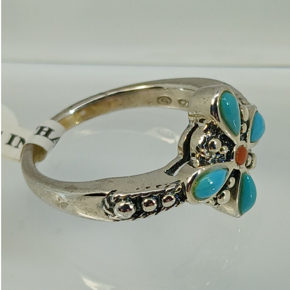 Vintage 90s BOMA Sterling Silver Turquoise Coral Flower Ring Size 6 Thailand NOS - Picture 12 of 16